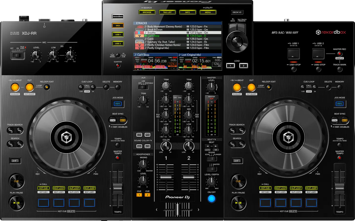 Bovenaanzicht van de Pioneer XDJ-RR met de twee jogwheels, de mixer en het kleurenscherm